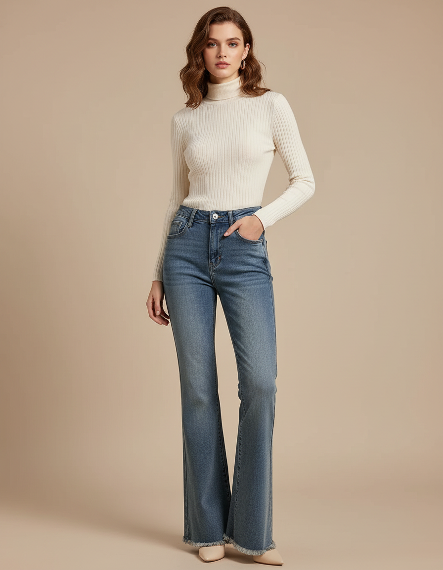 Pantalon Patte D'Éléphant Denim Bleu Effiloché Taille Haute - Jean