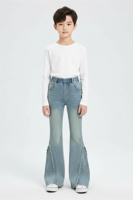 Pantalon Patte D'Éléphant Denim Bleu Clair Évasé Franges - Jean