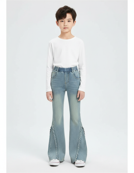 Pantalon Patte D'Éléphant Denim Bleu Clair Évasé Franges - Jean