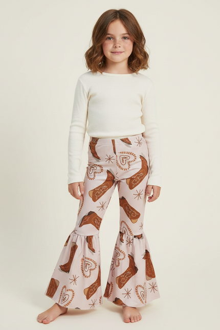Pantalon Patte D'Éléphant Rose Imprimé Bottes Western Fille - Maille
