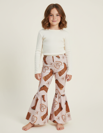 Pantalon Patte D'Éléphant Rose Imprimé Bottes Western Fille - Maille