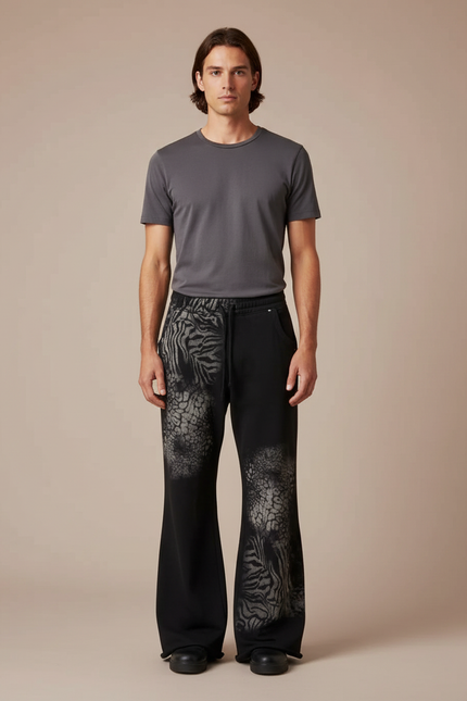 Pantalon Patte D'Éléphant Noir Imprimé Animal Ample Coton - Molleton