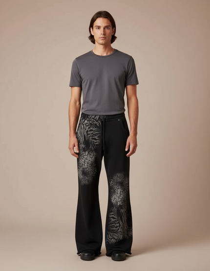 Pantalon Patte D'Éléphant Noir Imprimé Animal Ample Coton - Molleton