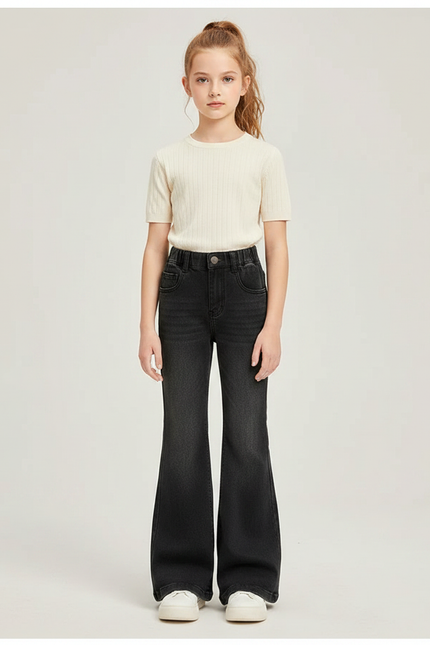 Pantalon Patte D'Éléphant Noir Jean Taille Haute Fille
