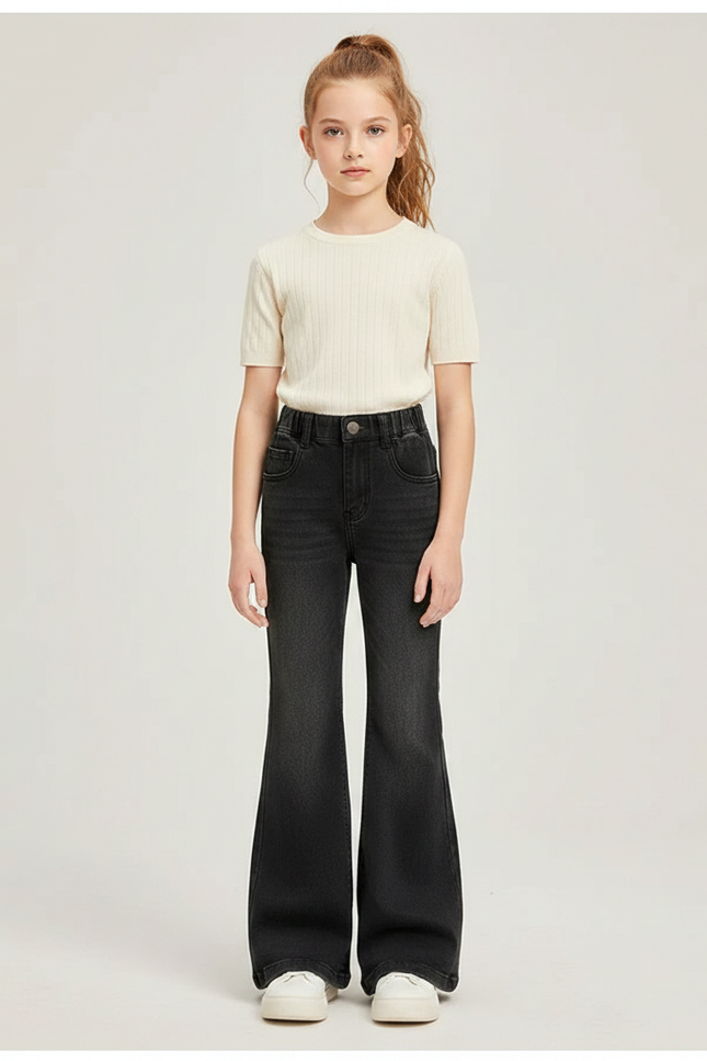 Pantalon Patte D'Éléphant Noir Jean Taille Haute Fille