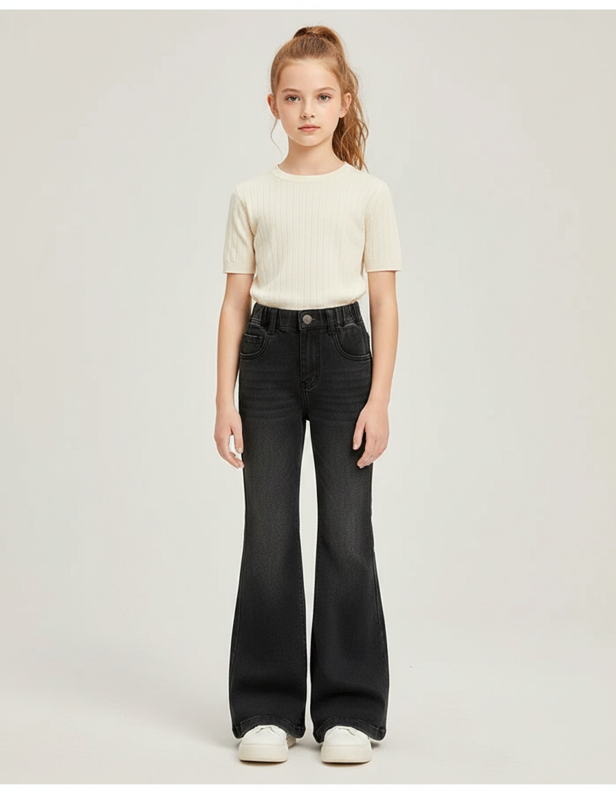 Pantalon Patte D'Éléphant Noir Jean Taille Haute Fille