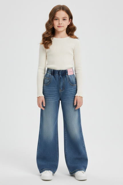 Pantalon Patte D'Éléphant Jean Bleu Délavé Large Enfant