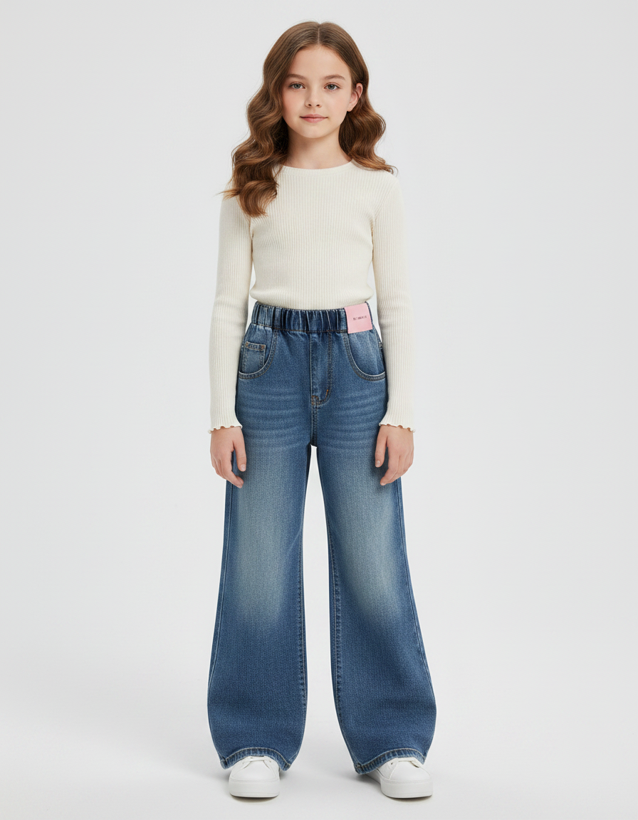 Pantalon Patte D'Éléphant Jean Bleu Délavé Large Enfant