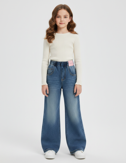 Pantalon Patte D'Éléphant Jean Bleu Délavé Large Enfant