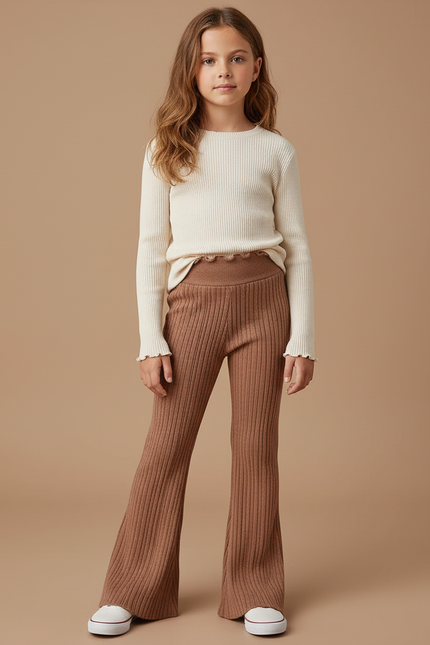 Pantalon Patte D'Éléphant Côtelé Marron Enfant Évasé Confortable - Maille