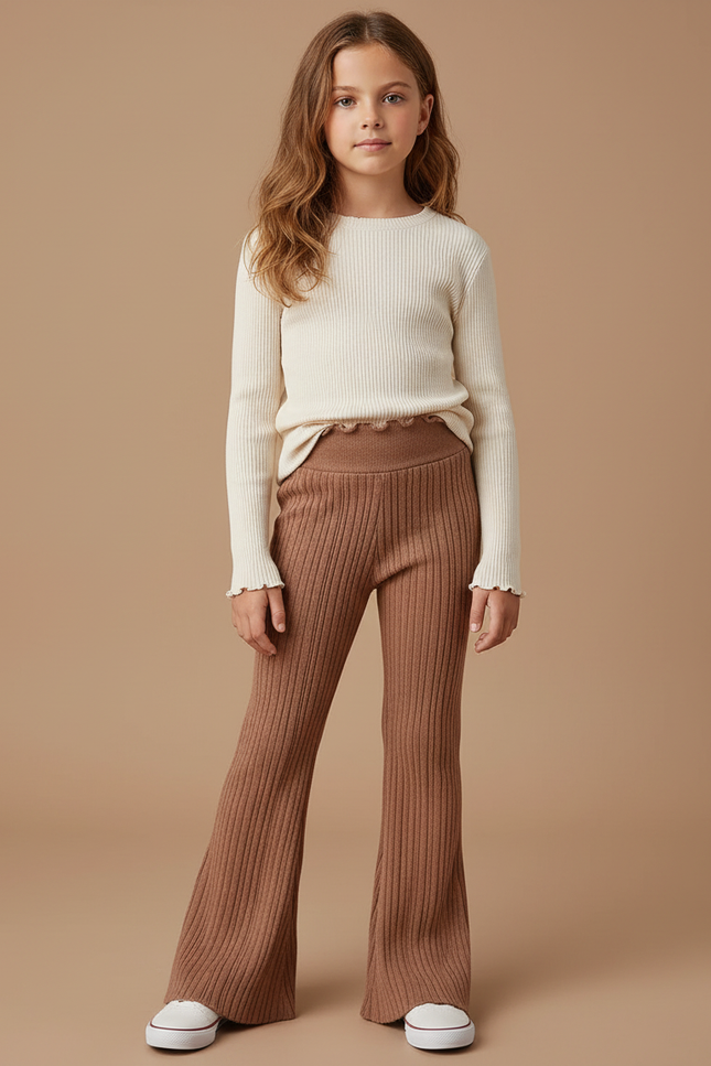 Pantalon Patte D'Éléphant Côtelé Marron Enfant Évasé Confortable - Maille