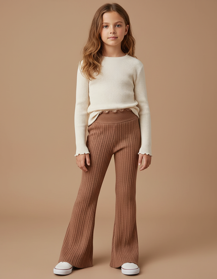 Pantalon Patte D'Éléphant Côtelé Marron Enfant Évasé Confortable - Maille