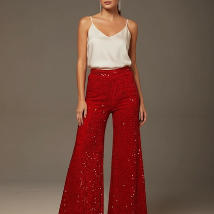 Pantalon Patte D'Éléphant Rouge Pailleté Évasé Scintillant Femme - Polyester
