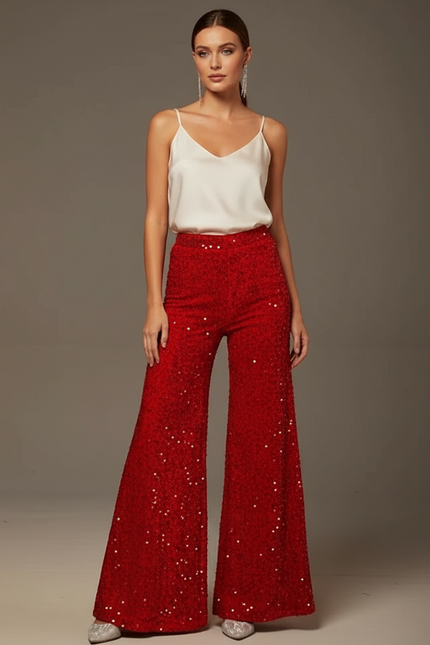 Pantalon Patte D'Éléphant Rouge Pailleté Évasé Scintillant Femme - Polyester