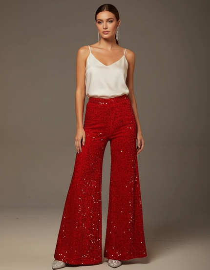 Pantalon Patte D'Éléphant Rouge Pailleté Évasé Scintillant Femme - Polyester