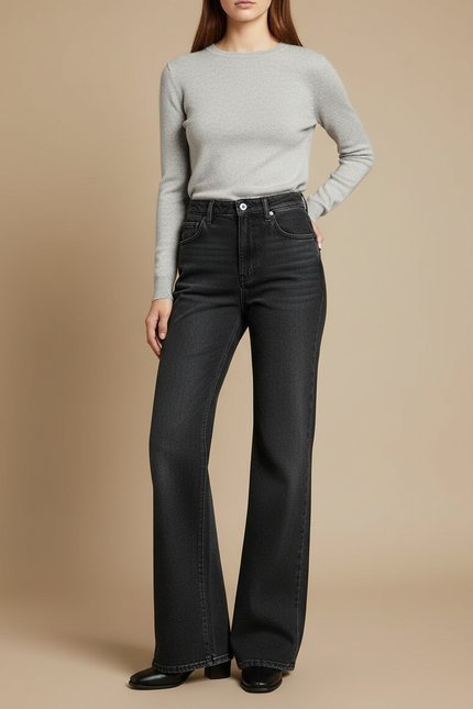 Pantalon Patte D'Éléphant Noir Taille Haute Confortable - Jean