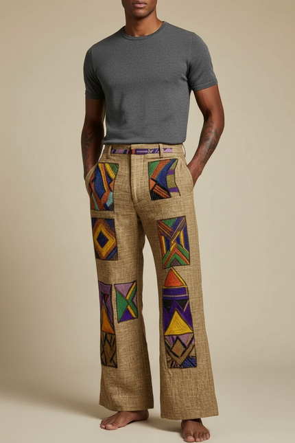 Pantalon Patte D'Éléphant Ethnique Imprimé Abstrait Homme Décontracté - Multicolore Lin