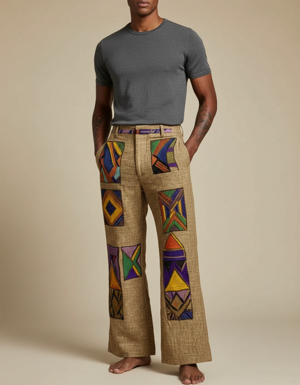 Pantalon Patte D'Éléphant Ethnique Imprimé Abstrait Homme Décontracté - Multicolore Lin