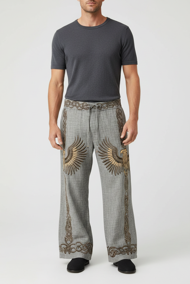 Pantalon Patte D'Éléphant Gris Brodé Ethnique Ample Homme - Lin