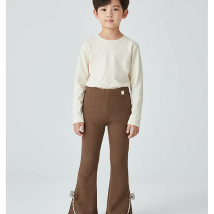 Pantalon Patte D'Éléphant Marron Côtelé Évasé Nœuds Enfant - Maille