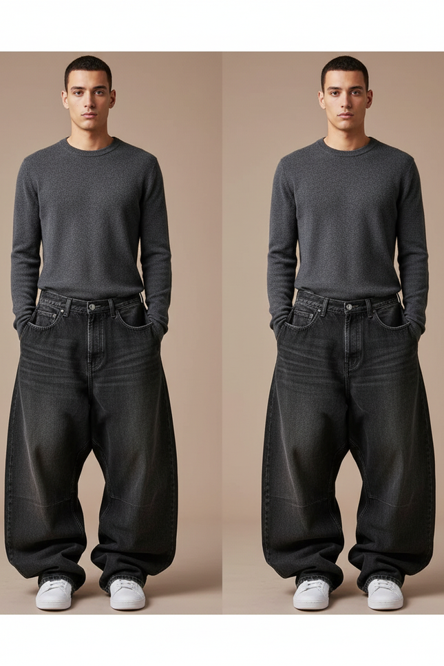 Pantalon Patte D'Éléphant Jean Gris Ample Vintage Homme