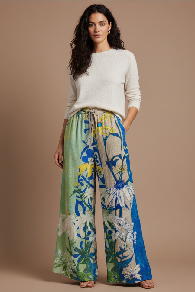 Pantalon Patte D'Éléphant Imprimé Floral Fluide Cordon Bohème - Multicolore Lin
