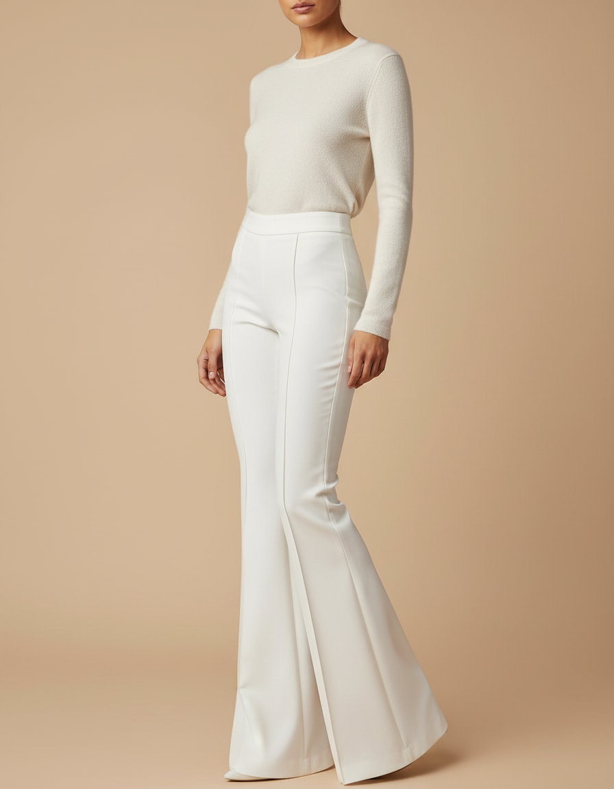 Pantalon Patte D'Éléphant Blanc Taille Haute Évasé Élégant Femme - Polyester