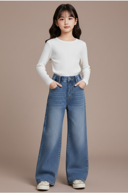 Pantalon Patte D'Éléphant Denim Ample Enfant Décontracté Bleu - Jean