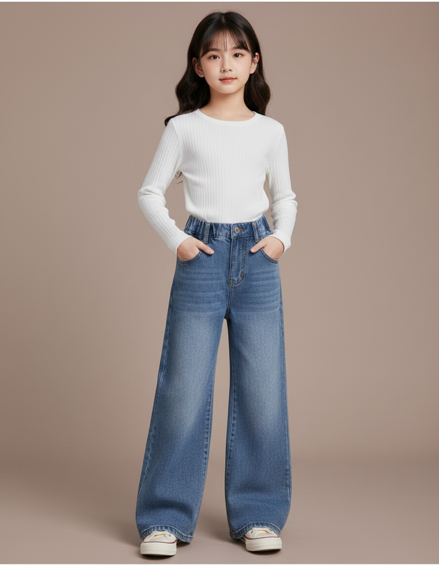Pantalon Patte D'Éléphant Denim Ample Enfant Décontracté Bleu - Jean