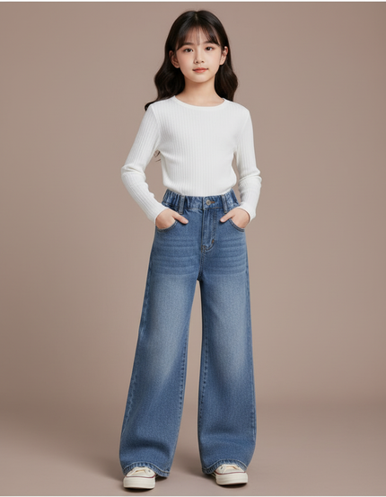 Pantalon Patte D'Éléphant Denim Ample Enfant Décontracté Bleu - Jean