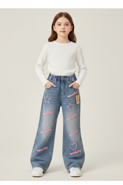 Pantalon Patte D'Éléphant Denim Bleu Brodé Étoiles Cœurs Ample Fille - Jean