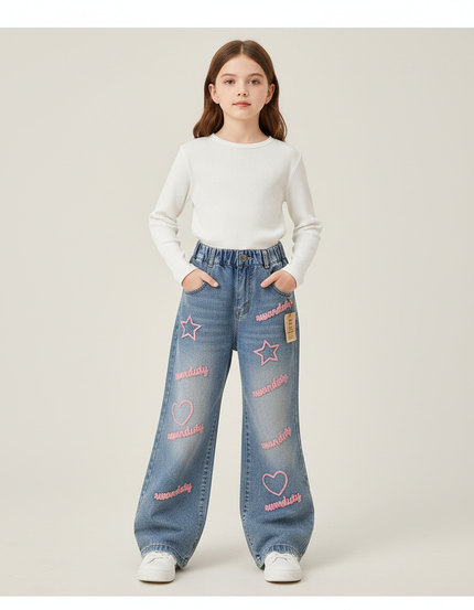 Pantalon Patte D'Éléphant Denim Bleu Brodé Étoiles Cœurs Ample Fille - Jean