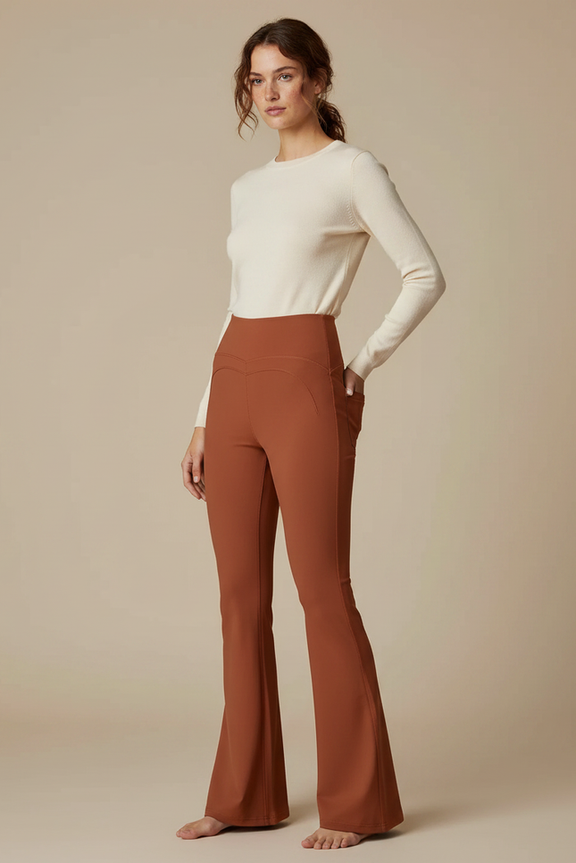 Pantalon Patte D'Éléphant Évasé Taille Haute Marron Confortable - Polyester