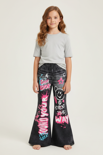 Pantalon Patte D'Éléphant Noir Graffiti Imprimé Évasé Fille - Jean