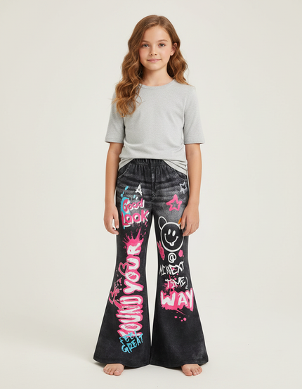 Pantalon Patte D'Éléphant Noir Graffiti Imprimé Évasé Fille - Jean