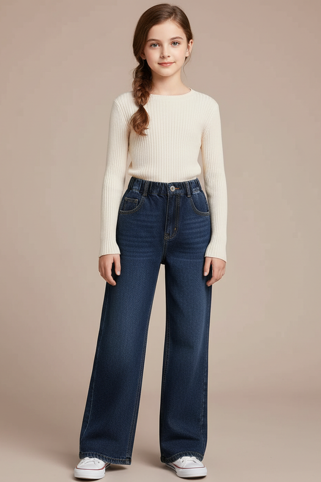 Pantalon Patte D'Éléphant Bleu Denim Ample Enfant - Marine Jean