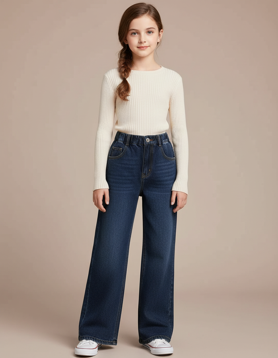 Pantalon Patte D'Éléphant Bleu Denim Ample Enfant - Marine Jean