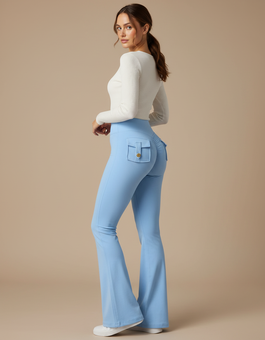 Pantalon Patte D'Éléphant Bleu Ciel Taille Haute Cargo Évasé Femme - Polyester