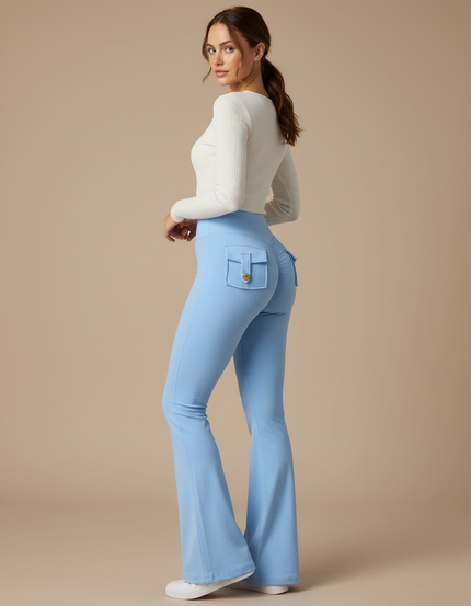 Pantalon Patte D'Éléphant Bleu Ciel Taille Haute Cargo Évasé Femme - Polyester