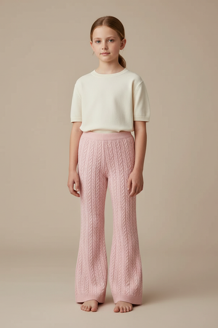 Pantalon Patte D'Éléphant Rose Tricoté Torsadé Fille Confortable - Maille