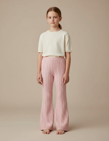 Pantalon Patte D'Éléphant Rose Tricoté Torsadé Fille Confortable - Maille