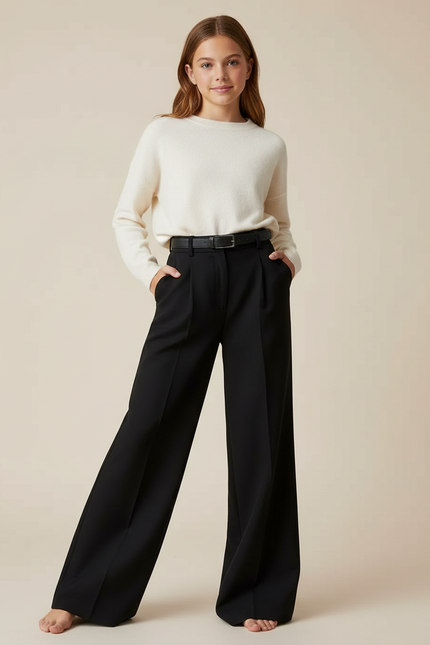 Pantalon Patte D'Éléphant Noir Plissé Taille Haute Élégant - Gabardine