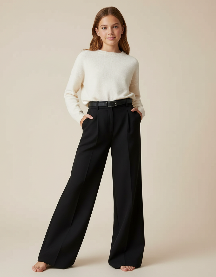 Pantalon Patte D'Éléphant Noir Plissé Taille Haute Élégant - Gabardine