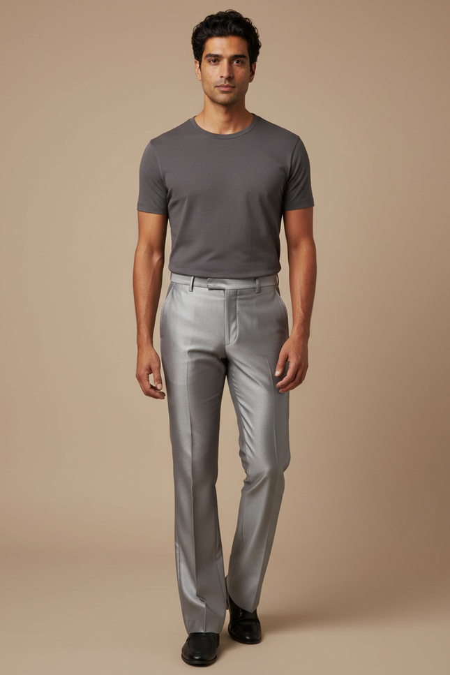 Pantalon Patte D'Éléphant Homme Gris Clair Brillant Élégant - Argenté Satin