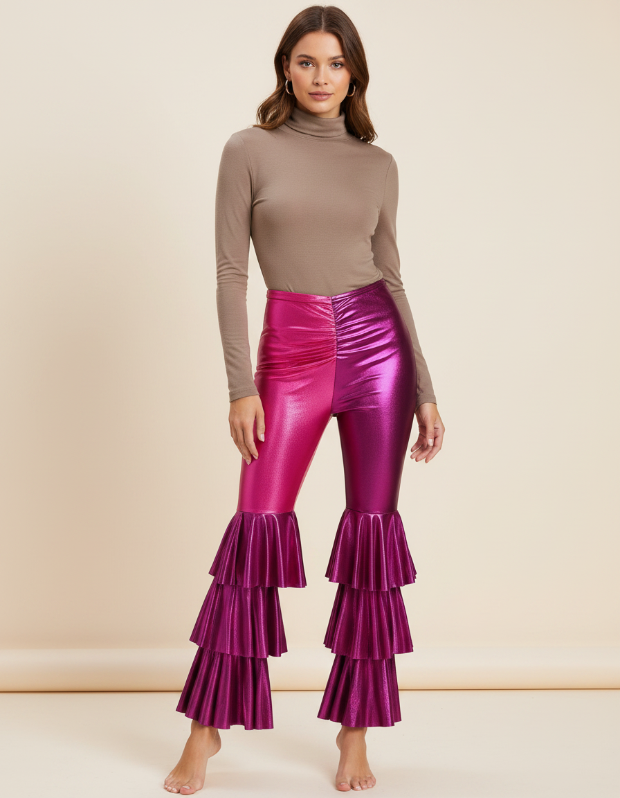 Pantalon Patte D'Éléphant Métallique Bicolore Volants Évasé Disco - Multicolore Polyester