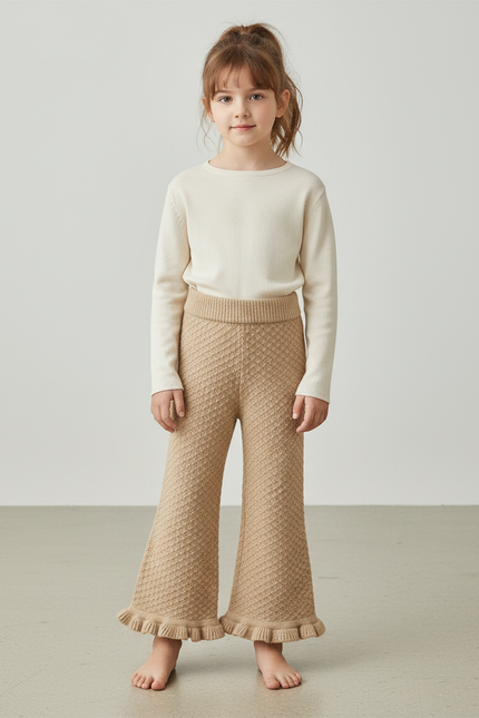 Pantalon Patte D'Éléphant Maille Beige Évasé Enfant Confortable
