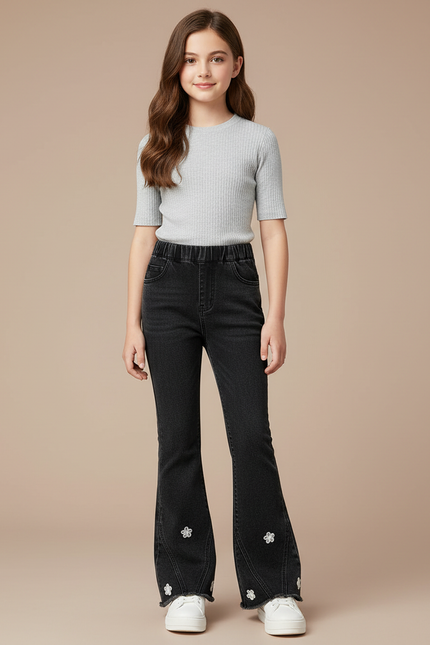 Pantalon Patte D'Éléphant Noir Denim Évasé Fleurs Fille - Jean