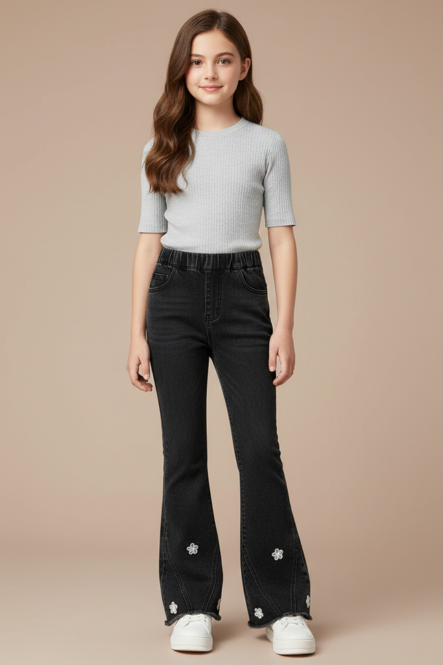 Pantalon Patte D'Éléphant Noir Denim Évasé Fleurs Fille - Jean