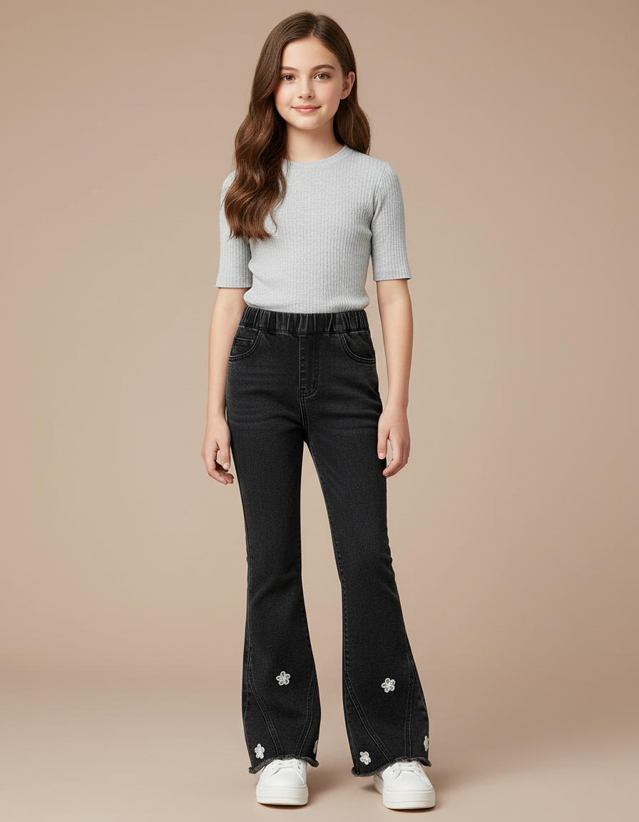 Pantalon Patte D'Éléphant Noir Denim Évasé Fleurs Fille - Jean