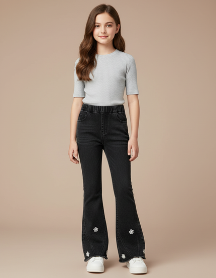 Pantalon Patte D'Éléphant Noir Denim Évasé Fleurs Fille - Jean